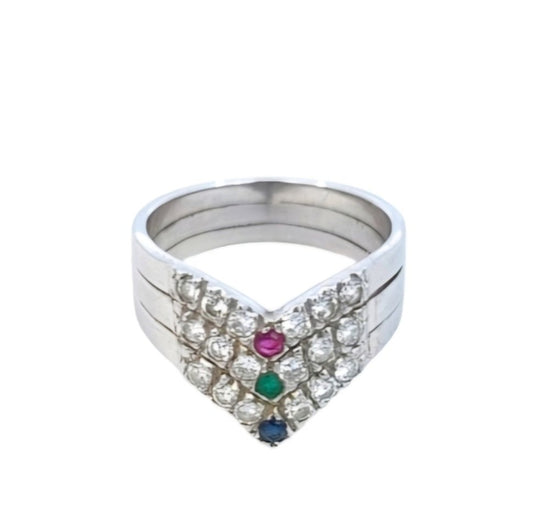 White Gold Diamond Wide Triple Shanks V Shape, Sapphire, Emerald and Ruby Ring. 18k, 5.7gr, TDW: 0.36ct