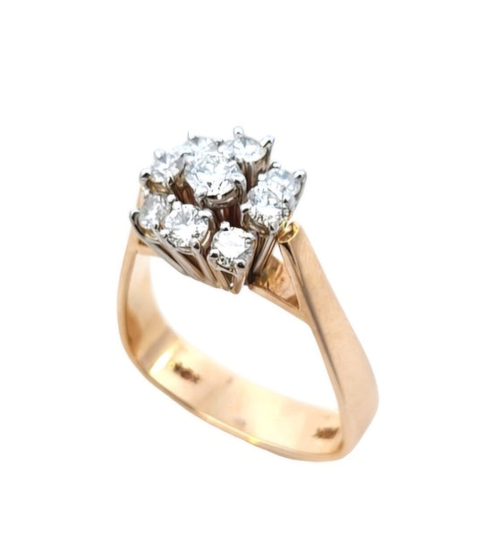 Flat Bottom Shank Yellow Gold Diamond Flower Shape Ring. 14k, 5.08gr, TDW: 0.45ct, VS, FG
