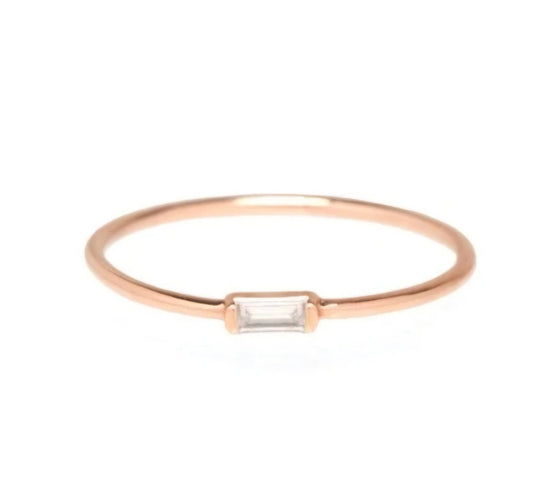 Rose Gold Modernist Dainty Baguette Diamond Ring. 14k, 0.15ct, SI, H