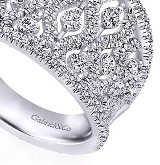 White Gold Gabriel & Co. Filigree Floral Diamond Ladies Ring. 14k, 6.3gr, TDW: 1.33ct, VS, FG