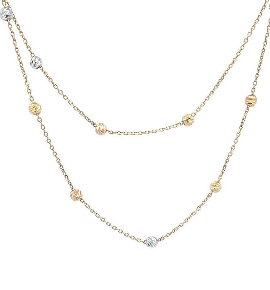 Yellow Gold Long Station Diamond Cut Beaded Necklace. 18k, 4.1gr, 25"