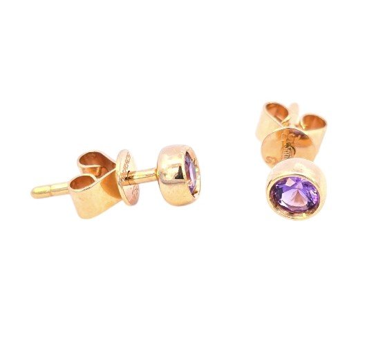 Rose Gold Amethyst Bezel Set Solitaire Stud Earrings. 18k,  1.1gr,  0.40 ctw