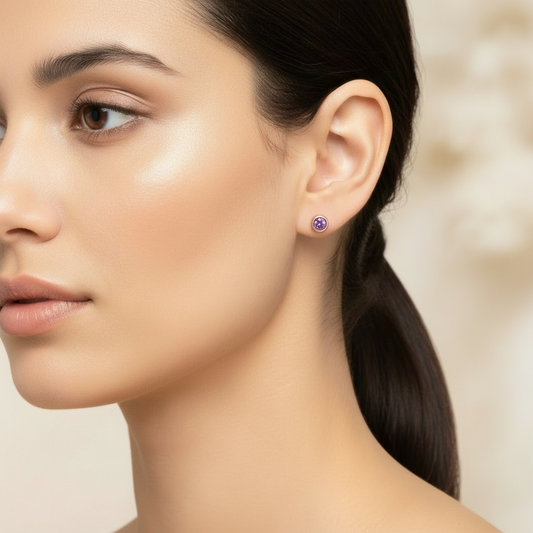 Rose Gold Amethyst Bezel Set round Stud Earrings. 18k, 0.40 ctw