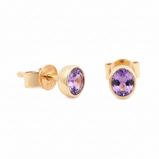 Rose Gold Amethyst Bezel Set round Stud Earrings. 18k, 0.40 ctw