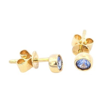 Yellow Gold Tanzanite Bezel Set Solitaire Stud Earrings. 18k,  1.1gr,  0.40 ctw