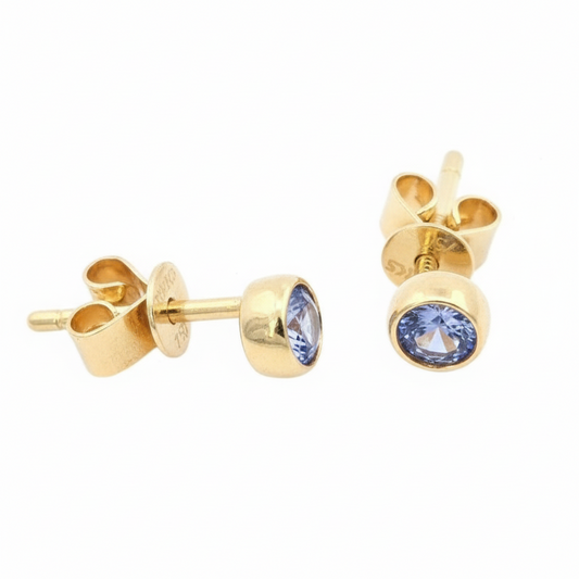 Yellow Gold Tanzanite Bezel Set Solitaire Stud Earrings. 18k