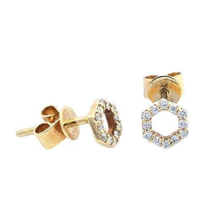 Yellow Gold Hexagonal Diamond Stud Earrings. 18k, 1.04gr, TDW: 0.24ct