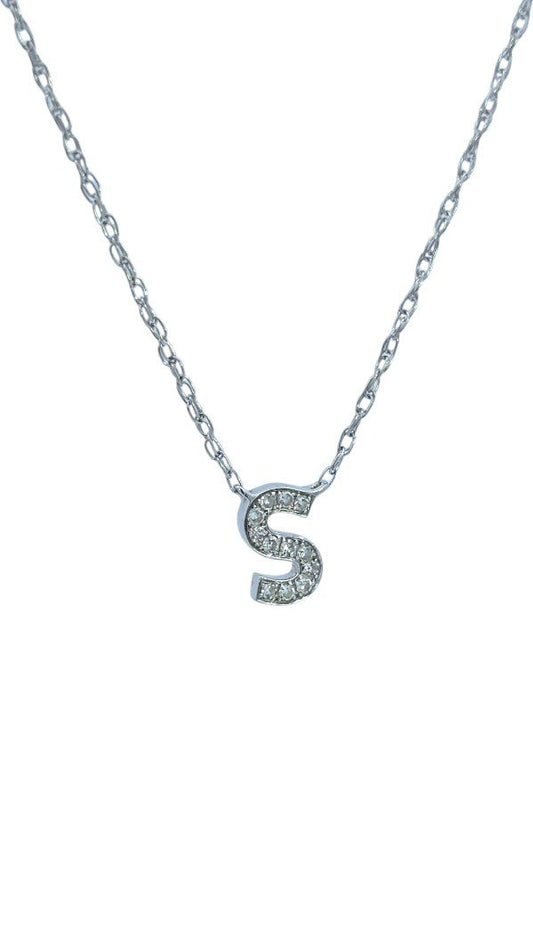 White Gold Initial S Necklace setting with 12 Natural Round Diamonds, 18k, TDW: 0.07Ct, G-H Color, SI clarity