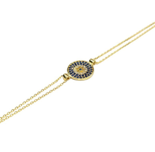 18k Yellow Gold Medallion Evil Eye Double-Layer Chain Bracelet. 18k, 2.4gr, 6 1/4"