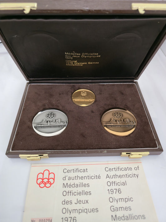 18K Certified 1976 Montreal Olympic Medallion Set Gold Silver Bronze