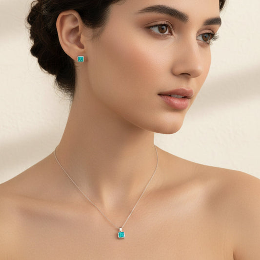 925 Sterling Silver 925 Square Blue Synthetic Opal Set