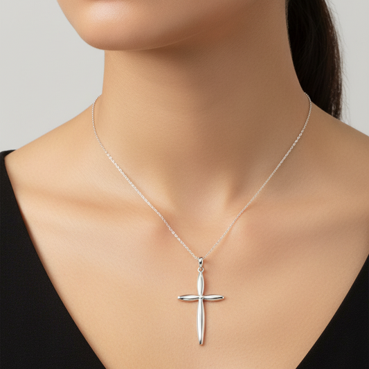 Rhodium Plated 925 Sterling Silver Modern Polished Cross Pendant