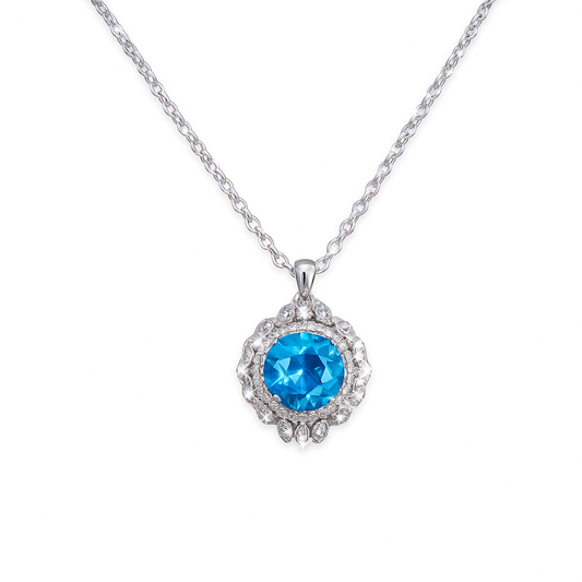 White Gold Blue Topaz and Diamond Pendant and Chain Necklace . 18k, Topaz, Cabochon Shape 11ct,. TDW:  2.46ct. VS, FG