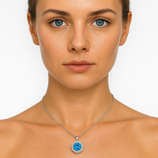 White Gold Blue Topaz and Diamond Pendant and Chain Necklace . 18k, Topaz, Cabochon Shape 11ct,. TDW:  2.46ct. VS, FG