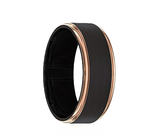 Tungsten Carbide Wedding Band Black Finished Flat Ring with Rose Gold Step Edges, 6mm