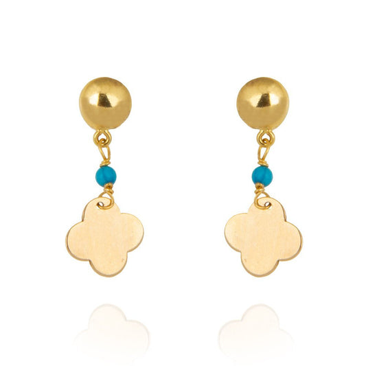 Yellow gold dangling earing with one clover and one Turquoise bead 18k 1.45gr