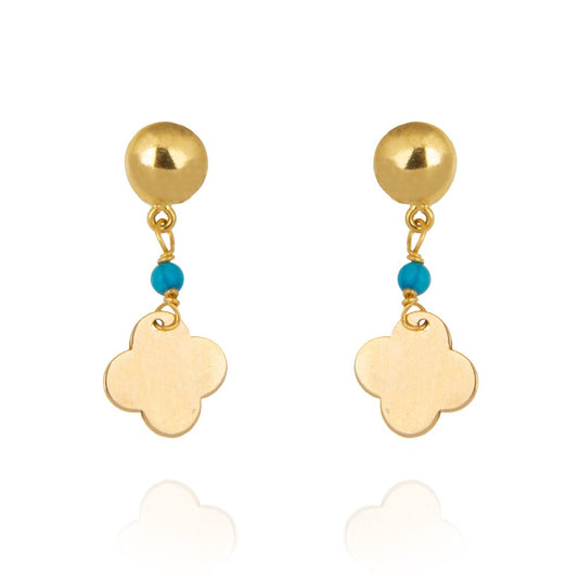Yellow gold dangling earing with one clover and one Turquoise bead 18k 1.45gr