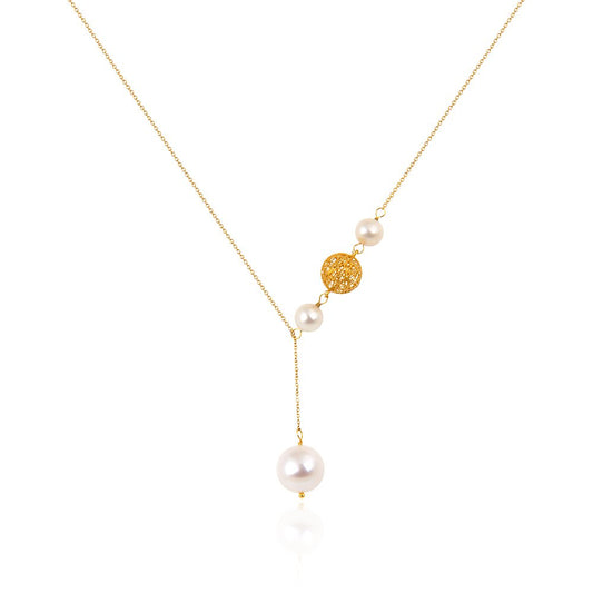 Yellow Gold Y Shape Necklace with one Fusion Ball and three Pearls 18k 16 to 18Inches Adjustable