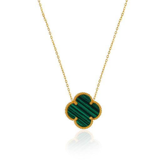 Yellow Gold Necklace with one Clover setting with Malachite Green Chain adjustable 16 to 18 Inches18k 5.85 gr