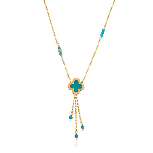 Yellow Gold station Necklace with turquise and one Clover 18k 2.81gr 16 to 18 Inches Adjustable