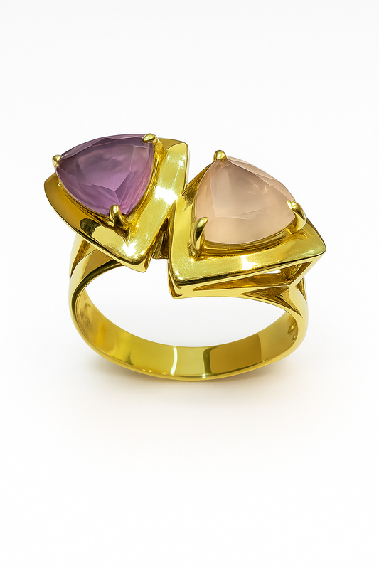 Yellow Gold Amethyst and Pink Topaz Triangle Setting. 18k, 6.7gr