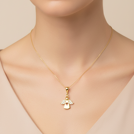 Yellow Gold Necklace with Angel Pendant with Cubic Zirconia , 14k