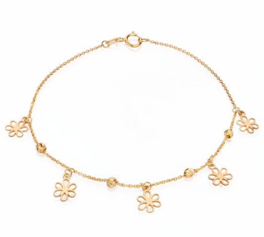 18K Yellow Gold station Bracelet with dangling flowers 1.68gr