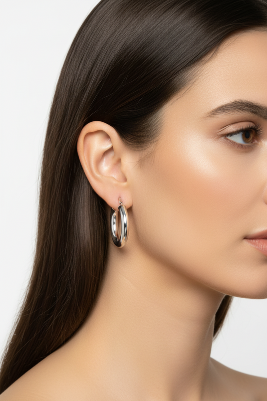 Silver Rhodium Plated Chisel Design Hoop Earrings, 20mm