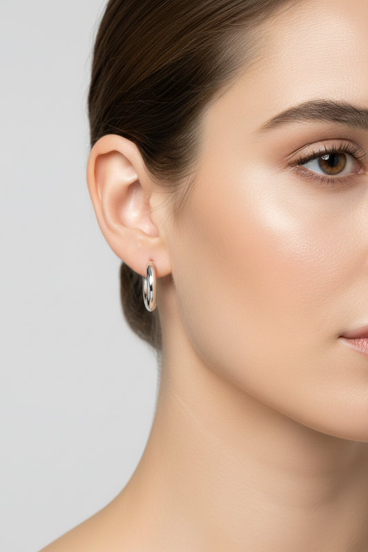 Silver Rhodium Plated Chisel Design Hoop Earrings, 15mm