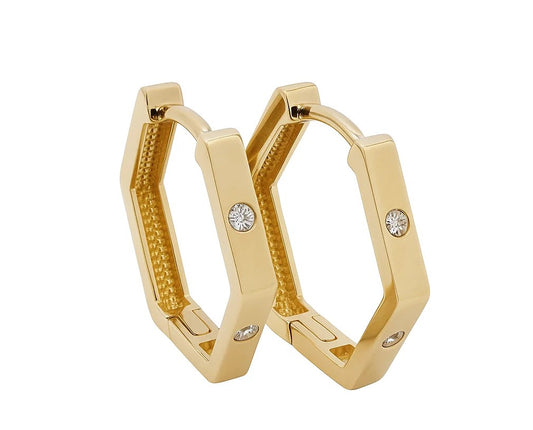 Yellow Gold Hexagonal Earrings setting with Cubic Zirconia, 16mm,14k