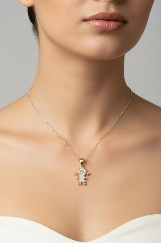 Yellow Gold Girl Pendant with Cubic Zirconia, 14k