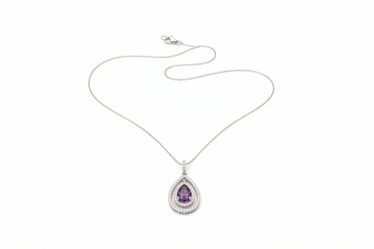 925 Sterling Silver Rhodium Plated Open Purple Teardrop Center CZ Necklace