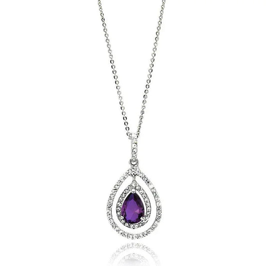 925 Sterling Silver Rhodium Plated Open Purple Teardrop Center CZ Necklace