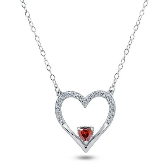 Rhodium Plated 925 Sterling Silver Clear Red CZ Open Heart Necklace