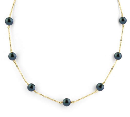 Yellow Gold Black Pearl Station Necklace. 14k, 9 Tahitian Black Pearl 8.5 mm.