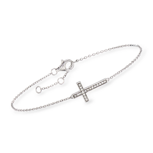 White Gold Bracelet with cross and 27 Round Diamonds, 0.2ct, SI, G,  14k,  6 1/2 to 7 1/2 Inches Adjustable