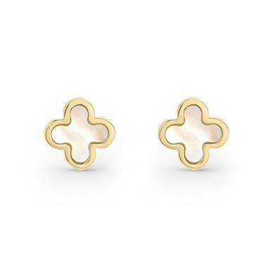 Yellow Gold Small Size Stud Mother of Pearl Clover Earrings. 18k, 2gr