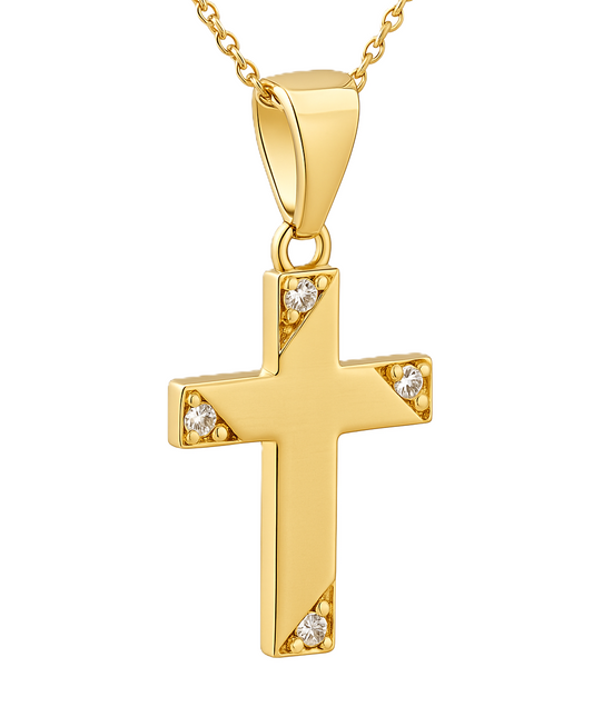 Yellow Gold Necklace, Cross Pendant Setting with Cubic Zirconia, 14k