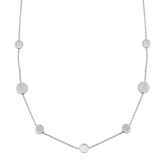 Sterling Silver Rhodium Plated Station Necklace with 7 Discs, 16 to 18 Inches Adjustable