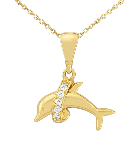 Yellow Gold Necklace with A Dolphin Pendant setting with Cubic Zirconia, 14k