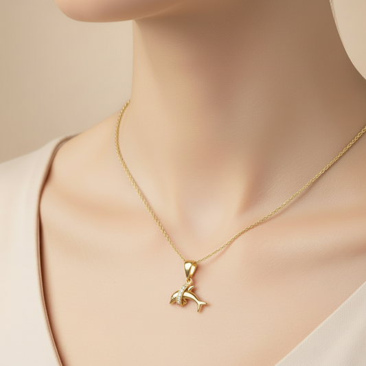 Yellow Gold Necklace with A Dolphin Pendant setting with Cubic Zirconia, 14k