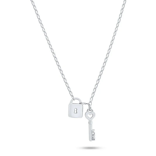 925 Sterling Silver Rhodium Plated Love Key and Lock Necklace