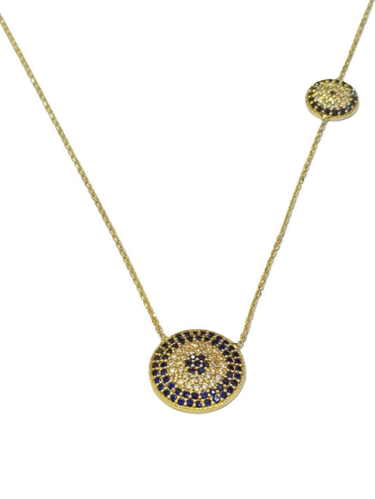 Yellow Gold CZ Evil Eye Necklace, with Two Charms and Extension. 18k, 4.3gr, 17"