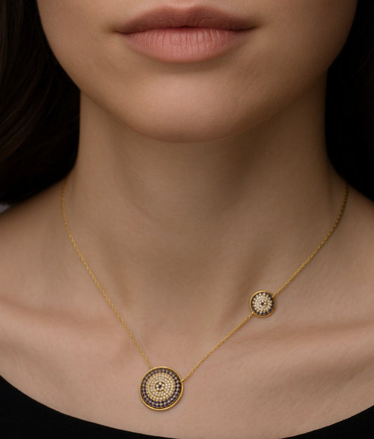 Yellow Gold CZ Evil Eye Necklace, with Two Charms and Extension. 18k, 4.3gr, 17"