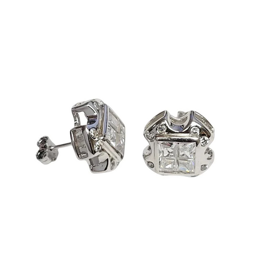 Silver 925 Cross Design Invisible Clear CZ Center Stud Earrings