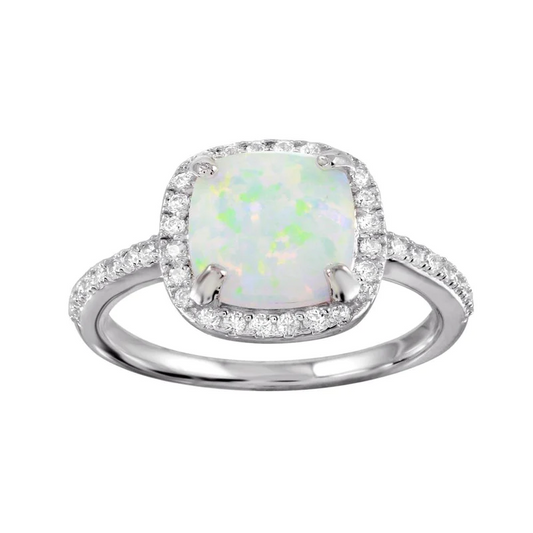 Silver 925 Rhodium Plated Square Halo Opal CZ Ring