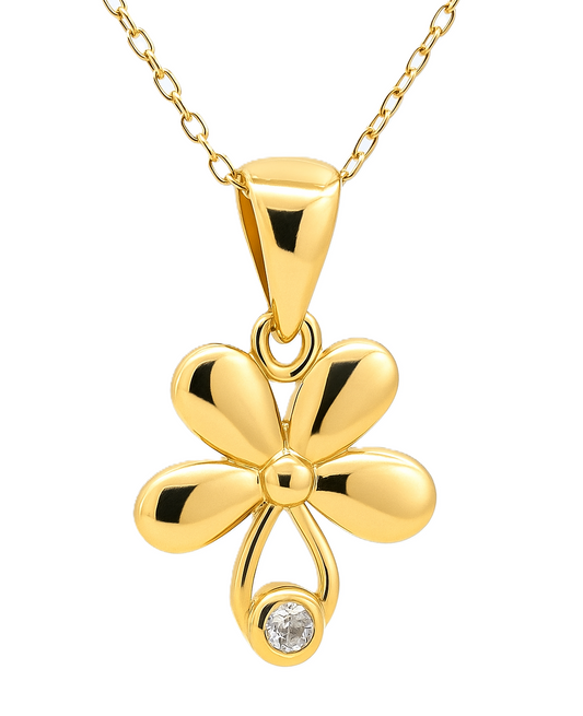 Yellow Gold Flower Pendant  setting with one Cubic Zirconia , 14k
