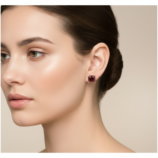 Yellow Gold Square Shape Garnet Earrings. 10k