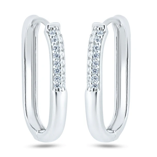 Rhodium Plated 925 Sterling Silver, CZ Oval Hoop Earrings, 18mm