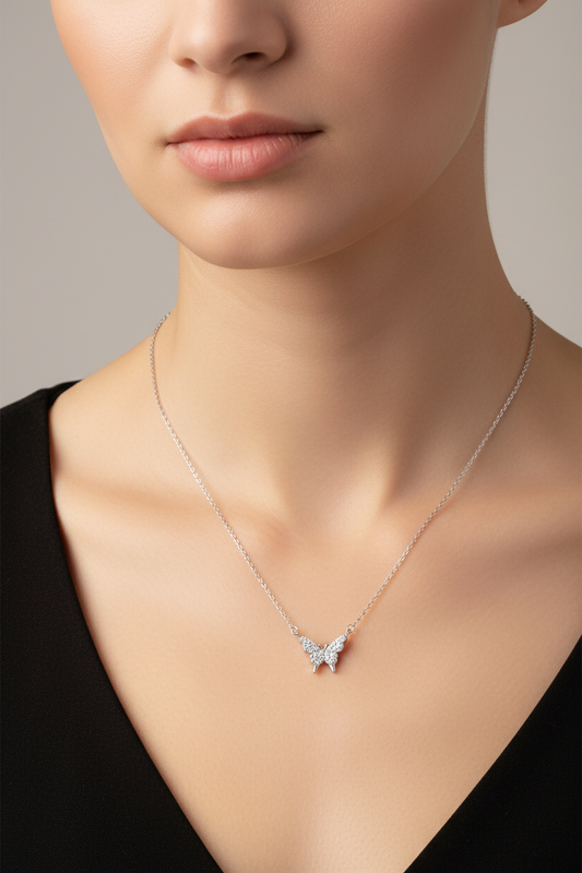 925 Sterling Silver Rhodium Plated CZ Butterfly Necklace